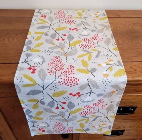 Table Runner Ashley Wilde Scandi Trail Grey Red Yellow Floral Design , Christmas Table Runner 48" 54" 60" 64" 72" 84" 96" 104" 100%Cotton - CushionCoverAndDecor