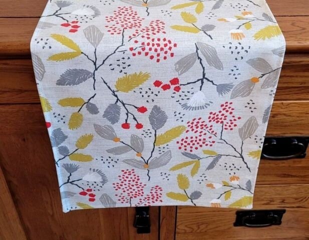 Table Runner Ashley Wilde Scandi Trail Grey Red Yellow Floral Design , Christmas Table Runner 48" 54" 60" 64" 72" 84" 96" 104" 100%Cotton - CushionCoverAndDecor