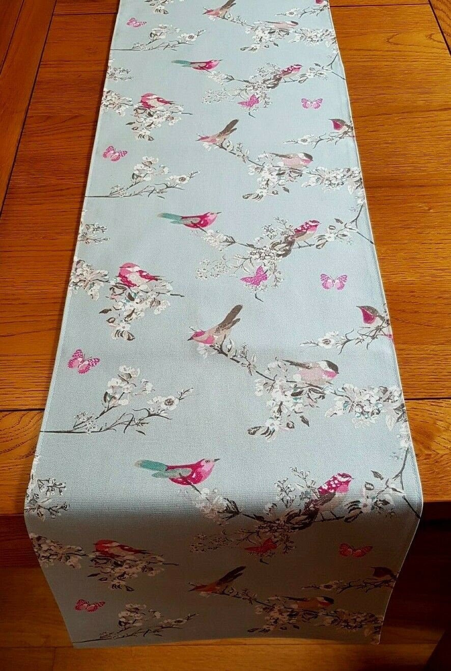 Table Runner Beautiful Birds Floral Blue Pink Design 36" 48" 54" 60" 64" 72" 84" 96" 104" , Blue Pink Table Runner - CushionCoverAndDecor