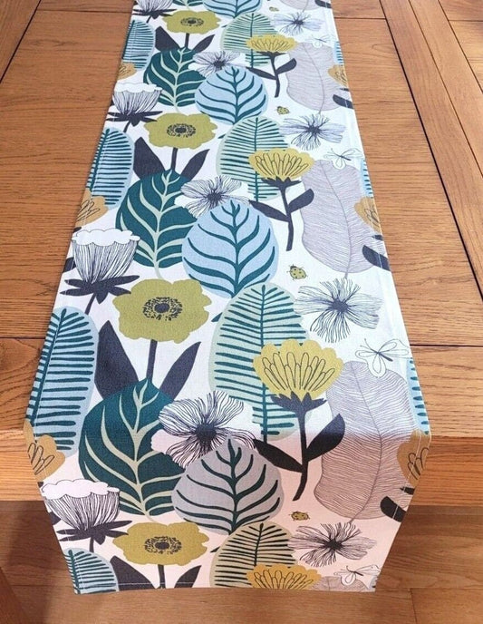 Table Runner Blooma Floral Spruce Green Teal Design , Leaves Table Runner , Table Runner UK 36" 48" 54" 60" 64" 72" 84" 96" 104" - CushionCoverAndDecor