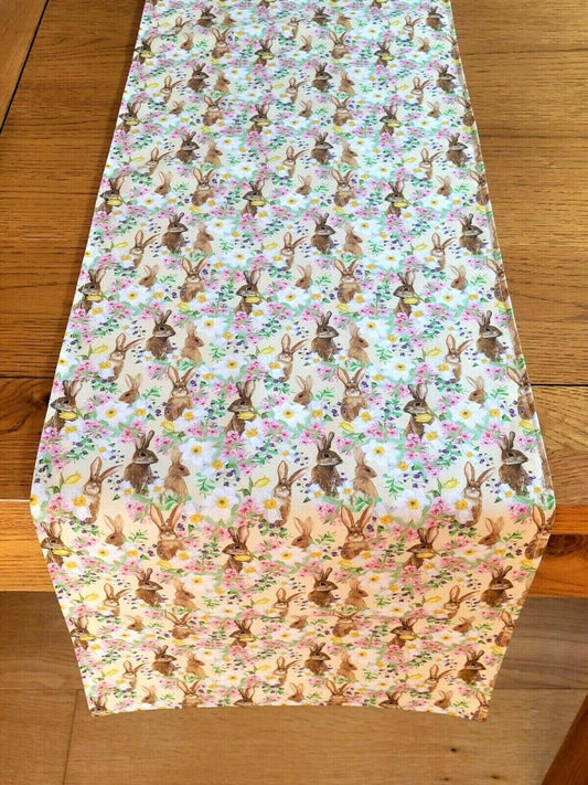 Table Runner Bunny Flowers Yellow Pink Purple Design , Easter Table Runner 36" 48" 54" 60" 64" 72" 84" 96" 104" Handmade 100% Cotton - CushionCoverAndDecor