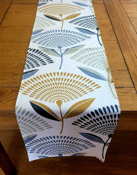 Table Runner Dandelion Floral Ochre Yellow Blue Grey Design 36" 48" 54" 60" 64" 72" 84" 96" 104" Handmade 100% Cotton - CushionCoverAndDecor