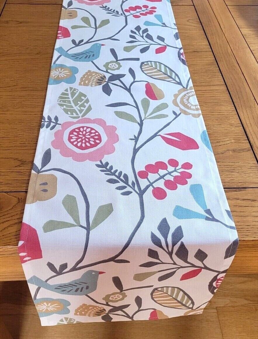 Table Runner Folki Pastel Pink Blue Bird Floral Design 36" 48" 54" 60" 64" 72" 84" 96" 104" Handmade 100% Cotton - CushionCoverAndDecor