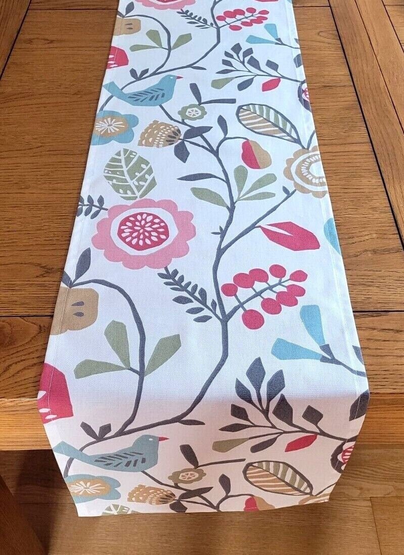 Table Runner Folki Pastel Pink Blue Bird Floral Design 36" 48" 54" 60" 64" 72" 84" 96" 104" Handmade 100% Cotton - CushionCoverAndDecor