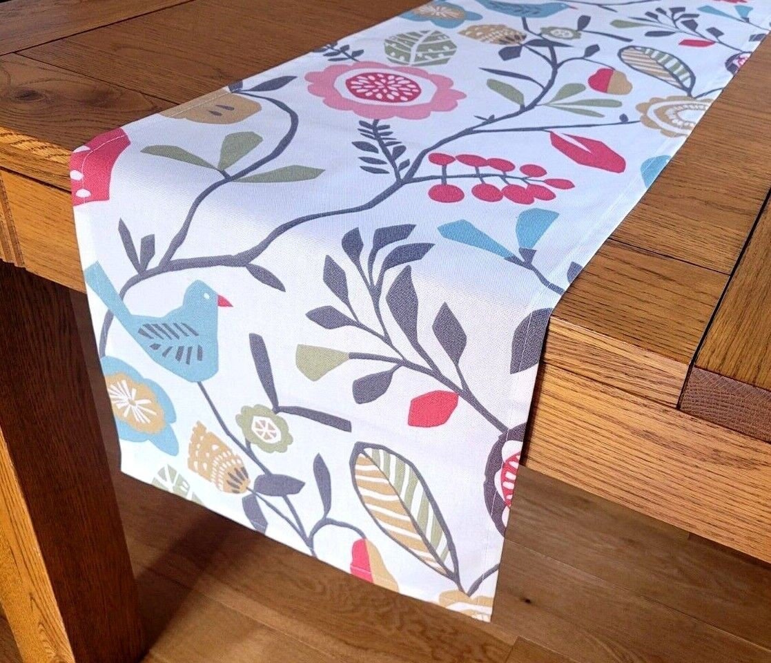 Table Runner Folki Pastel Pink Blue Bird Floral Design 36" 48" 54" 60" 64" 72" 84" 96" 104" Handmade 100% Cotton - CushionCoverAndDecor