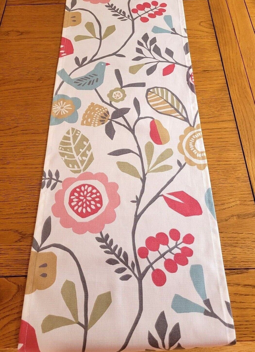 Table Runner Folki Pastel Pink Blue Bird Floral Design 36" 48" 54" 60" 64" 72" 84" 96" 104" Handmade 100% Cotton - CushionCoverAndDecor