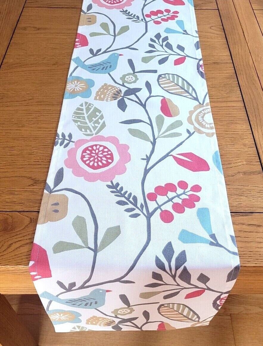 Table Runner Folki Pastel Pink Blue Bird Floral Design 36" 48" 54" 60" 64" 72" 84" 96" 104" Handmade 100% Cotton - CushionCoverAndDecor