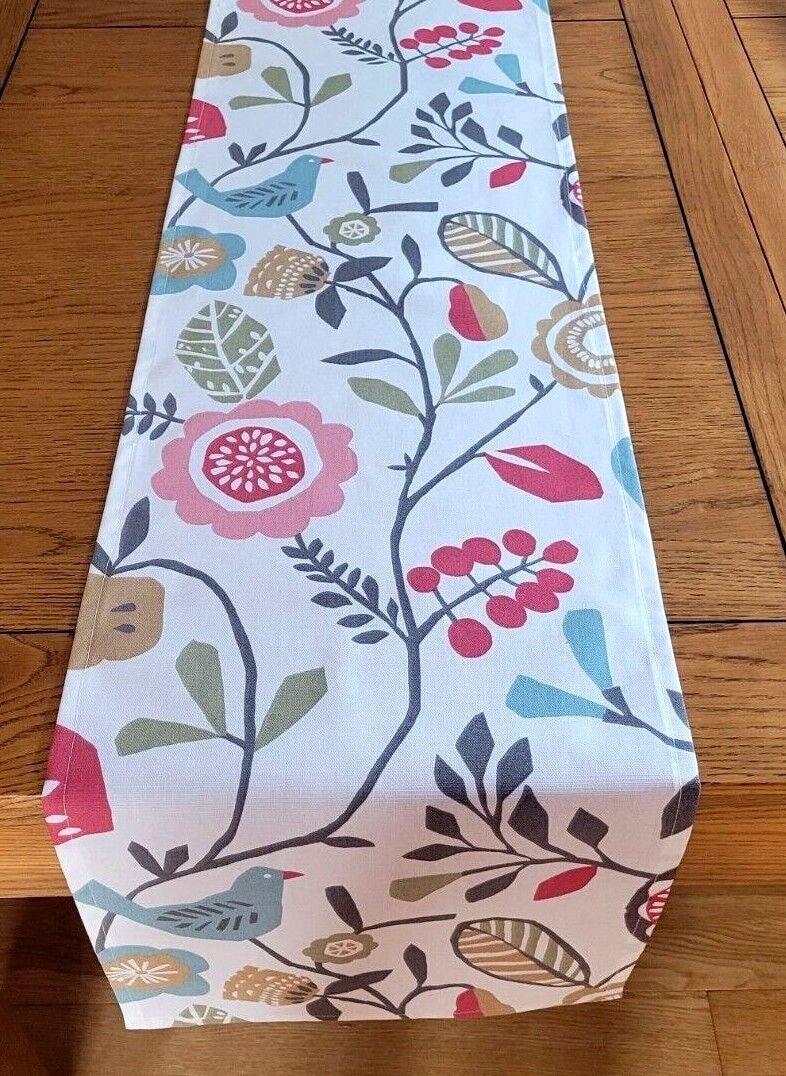 Table Runner Folki Pastel Pink Blue Bird Floral Design 36" 48" 54" 60" 64" 72" 84" 96" 104" Handmade 100% Cotton - CushionCoverAndDecor