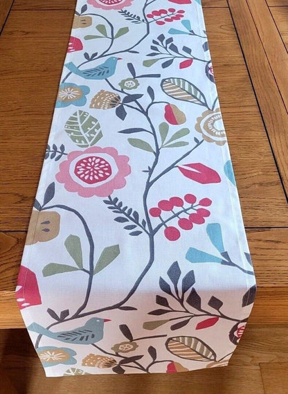 Table Runner Folki Pastel Pink Blue Bird Floral Design 36" 48" 54" 60" 64" 72" 84" 96" 104" Handmade 100% Cotton - CushionCoverAndDecor