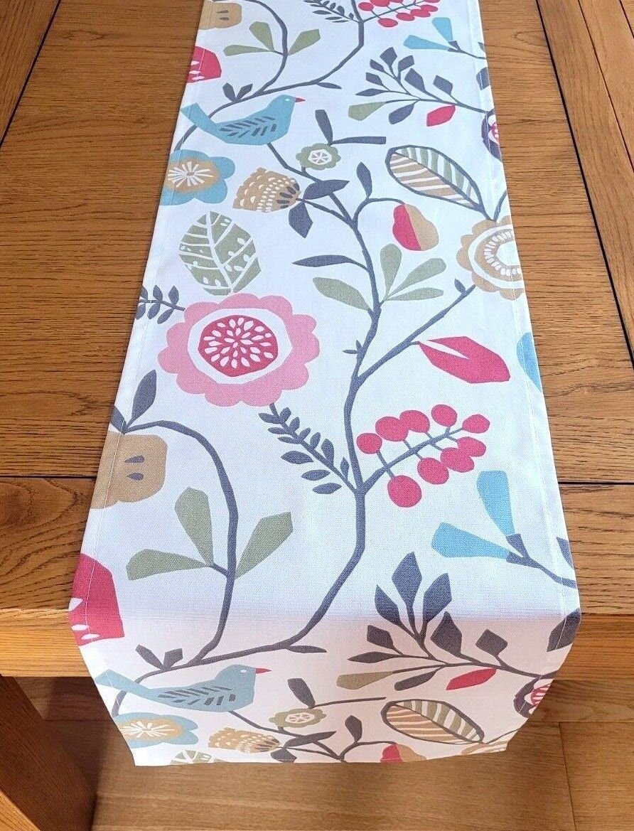 Table Runner Folki Pastel Pink Blue Bird Floral Design 36" 48" 54" 60" 64" 72" 84" 96" 104" Handmade 100% Cotton - CushionCoverAndDecor