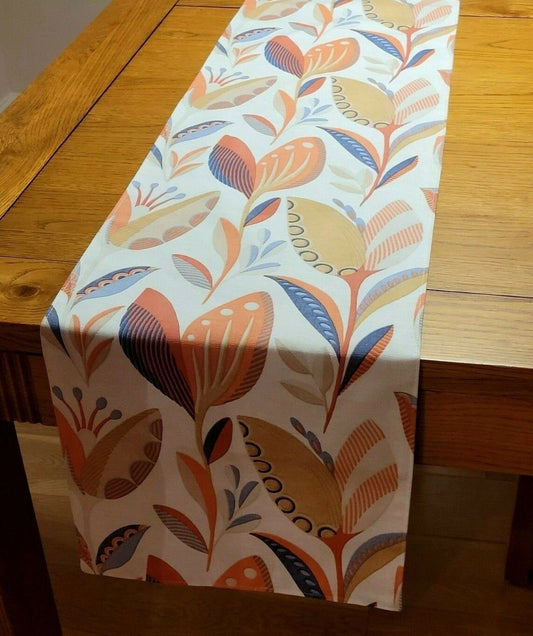 Table Runner Fryetts Leon Burnt Orange Blue Floral Design 36" 48" 54" 60" 64" 72" 84" 96" 104" Clarke & Clarke 100% Cotton Handmade - CushionCoverAndDecor