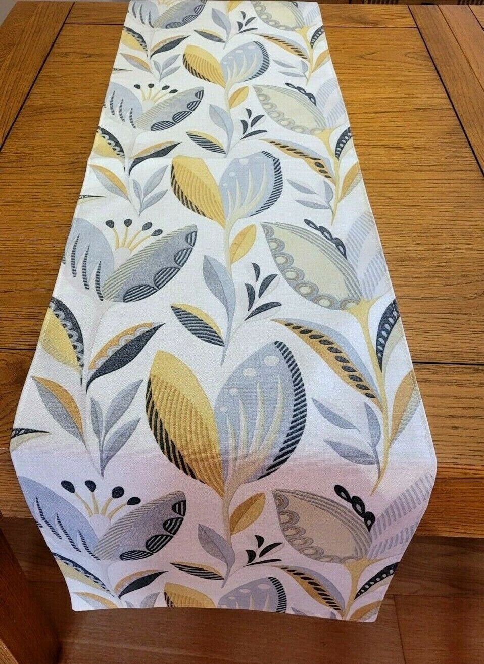 Table Runner Fryetts Leon Ochre Yellow Grey Floral Design 36" 48" 54" 60" 64" 72" 84" 96" 104" Clarke & Clarke 100% Cotton Handmade - CushionCoverAndDecor