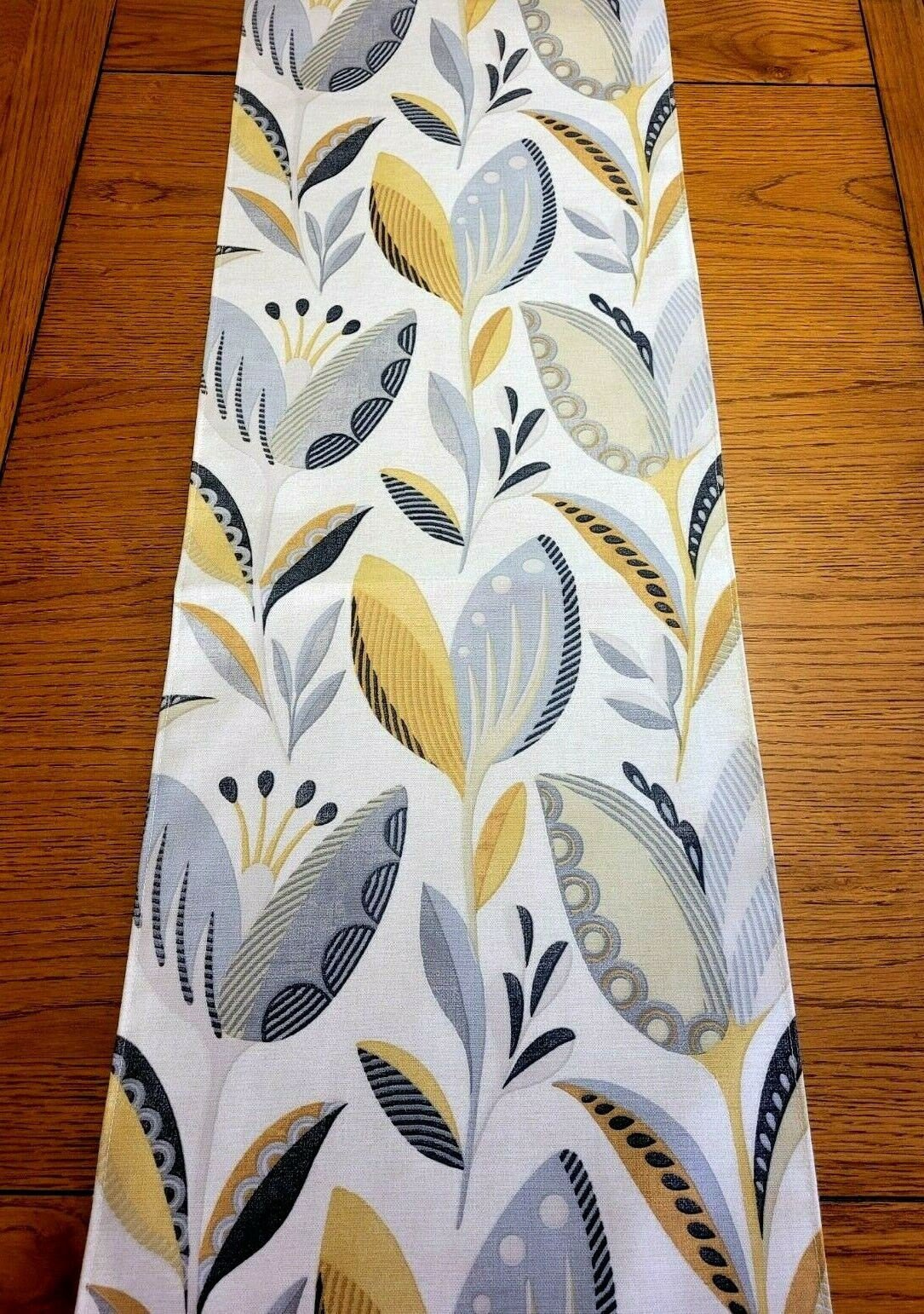 Table Runner Fryetts Leon Ochre Yellow Grey Floral Design 36" 48" 54" 60" 64" 72" 84" 96" 104" Clarke & Clarke 100% Cotton Handmade - CushionCoverAndDecor