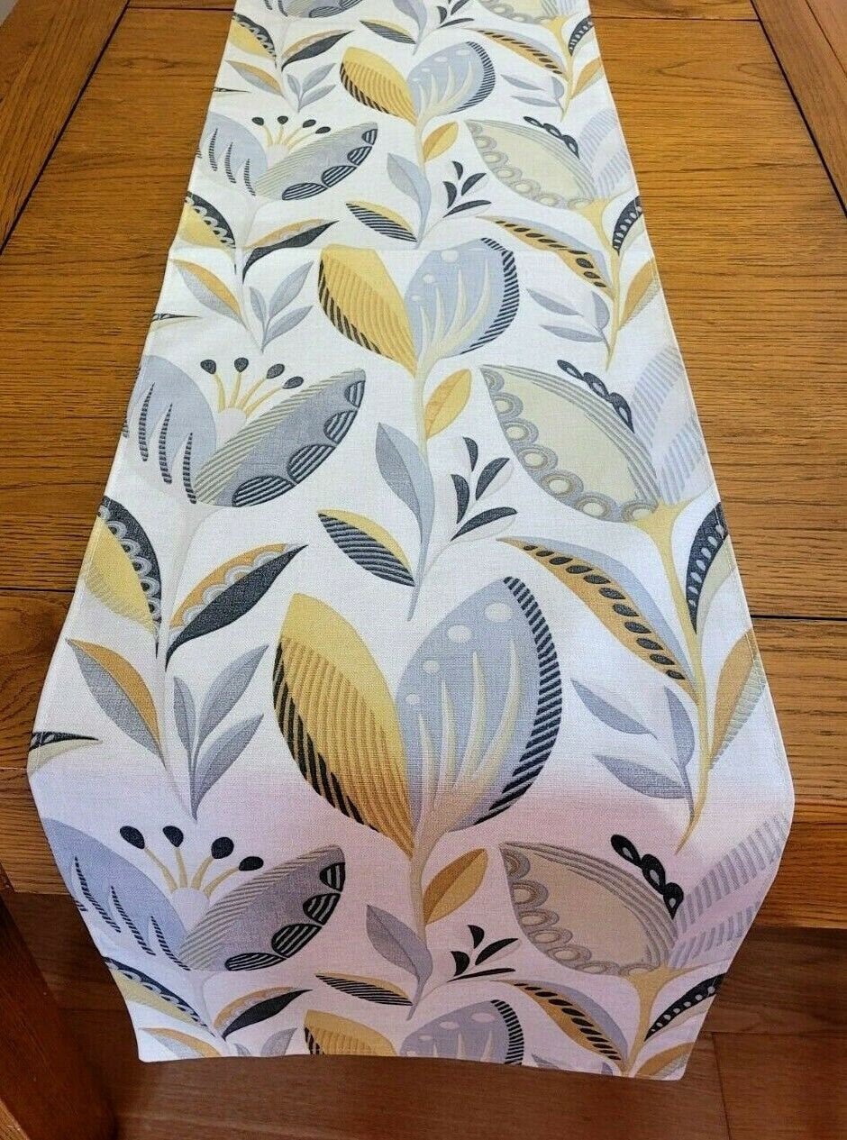 Table Runner Fryetts Leon Ochre Yellow Grey Floral Design 36" 48" 54" 60" 64" 72" 84" 96" 104" Clarke & Clarke 100% Cotton Handmade - CushionCoverAndDecor