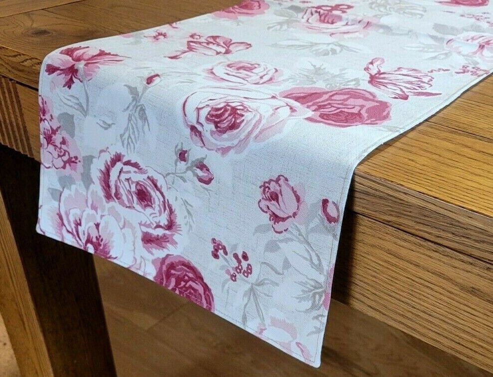 Table Runner Genevieve Raspberry Pink Red Beige Floral Design 36" 48" 54" 60" 64" 72" 84" 96" 104" Clarke & Clarke 100% Cotton Handmade - CushionCoverAndDecor