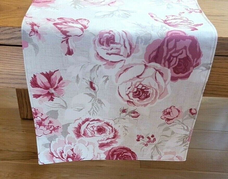 Table Runner Genevieve Raspberry Pink Red Beige Floral Design 36" 48" 54" 60" 64" 72" 84" 96" 104" Clarke & Clarke 100% Cotton Handmade - CushionCoverAndDecor