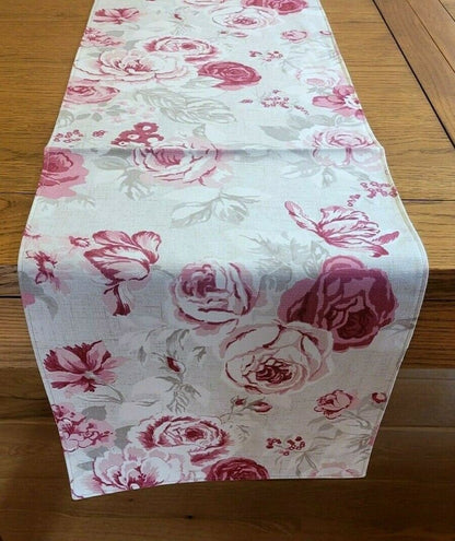 Table Runner Genevieve Raspberry Pink Red Beige Floral Design 36" 48" 54" 60" 64" 72" 84" 96" 104" Clarke & Clarke 100% Cotton Handmade - CushionCoverAndDecor