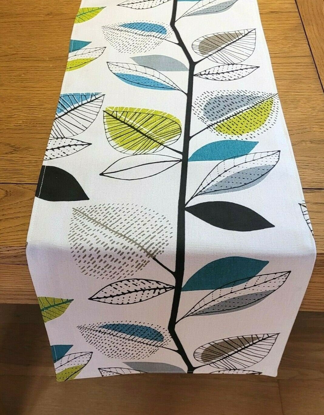 Table Runner Green Grey Teal Autumn Leaves Design 36" 48" 54" 60" 64" 72" 84" 96" 104" Handmade 100% Cotton - CushionCoverAndDecor