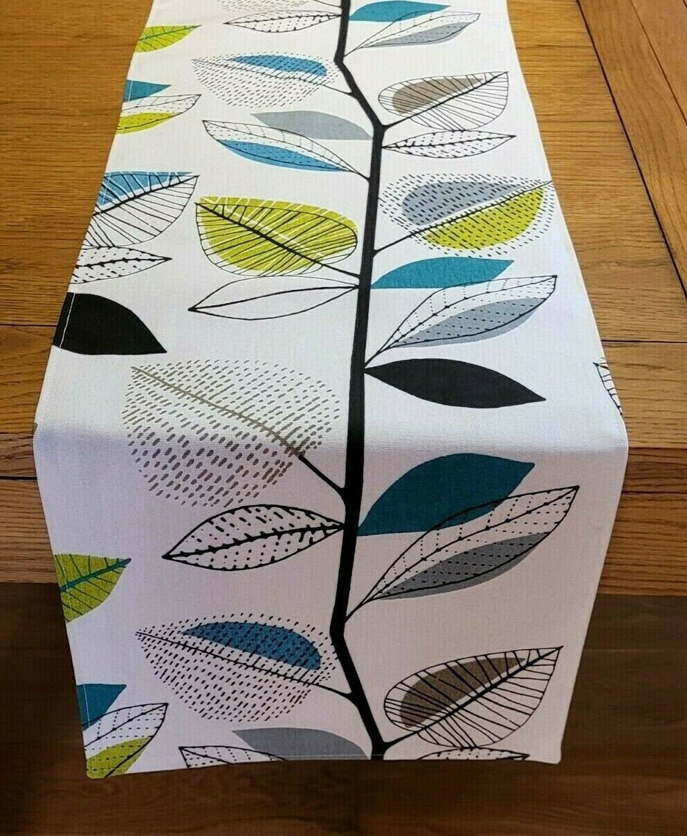 Table Runner Green Grey Teal Autumn Leaves Design 36" 48" 54" 60" 64" 72" 84" 96" 104" Handmade 100% Cotton - CushionCoverAndDecor