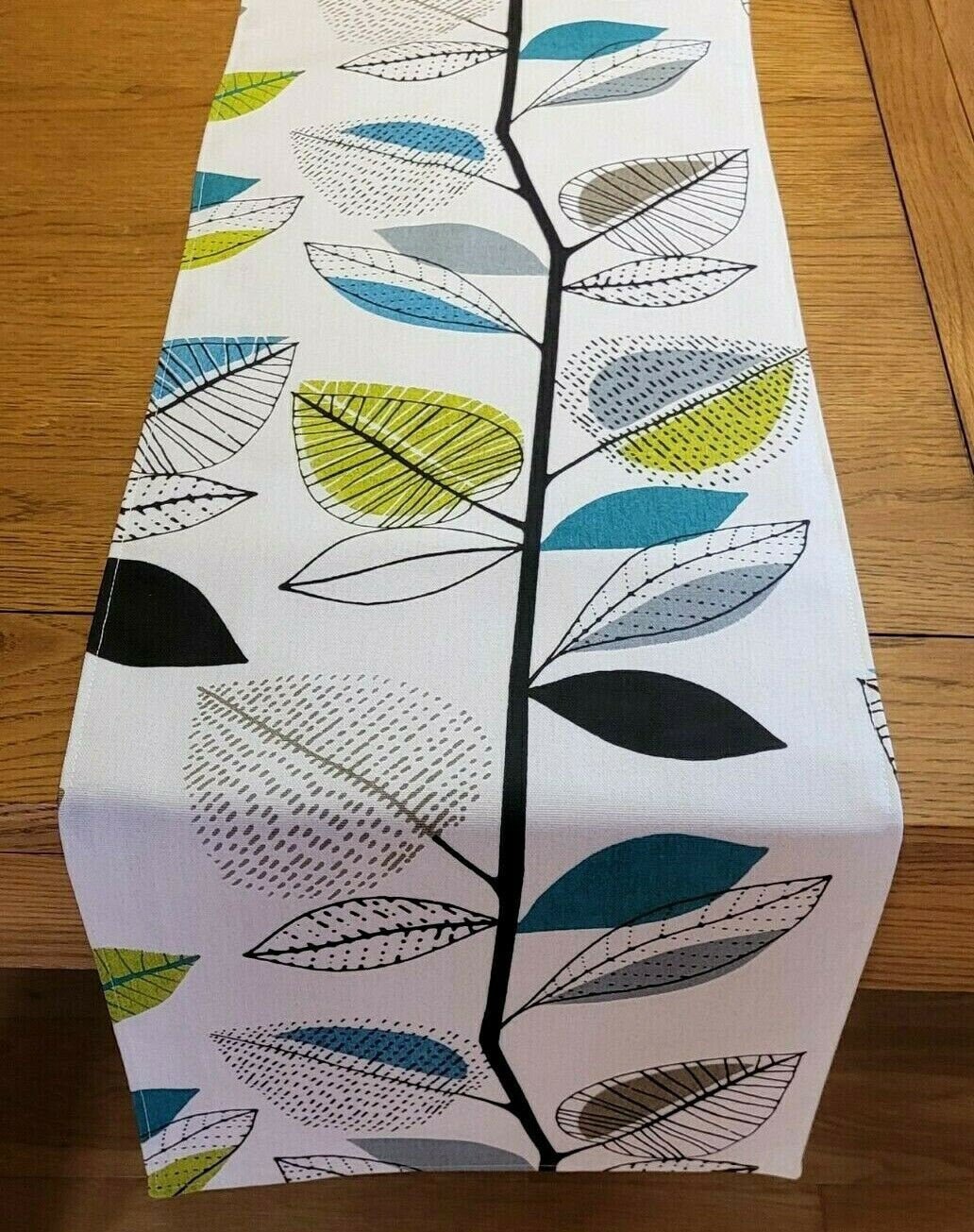 Table Runner Green Grey Teal Autumn Leaves Design 36" 48" 54" 60" 64" 72" 84" 96" 104" Handmade 100% Cotton - CushionCoverAndDecor