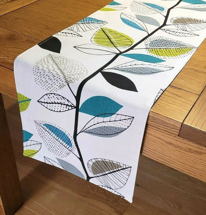 Table Runner Green Grey Teal Autumn Leaves Design 36" 48" 54" 60" 64" 72" 84" 96" 104" Handmade 100% Cotton - CushionCoverAndDecor