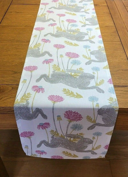 Table Runner March Hare Bunny White Pink Design , Easter Table Runner , Table Runner UK 36" 48" 54" 60" 64" 72" 84" 96" 104" Handmade - CushionCoverAndDecor