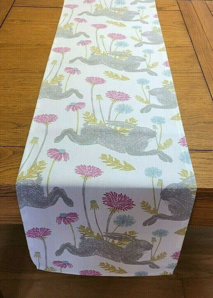 Table Runner March Hare Bunny White Pink Design , Easter Table Runner , Table Runner UK 36" 48" 54" 60" 64" 72" 84" 96" 104" Handmade - CushionCoverAndDecor