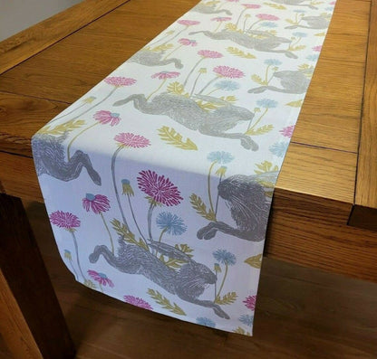 Table Runner March Hare Bunny White Pink Design , Easter Table Runner , Table Runner UK 36" 48" 54" 60" 64" 72" 84" 96" 104" Handmade - CushionCoverAndDecor