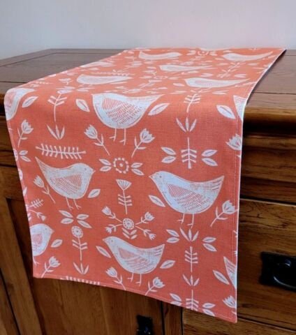 Table Runner Narvik Burnt Orange Bird Design , Easter Table Runner 48" 54" 60" 64" 72" 84" 96" 104" Handmade 100%Cotton - CushionCoverAndDecor