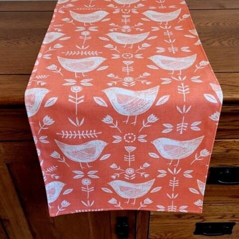 Table Runner Narvik Burnt Orange Bird Design , Easter Table Runner 48" 54" 60" 64" 72" 84" 96" 104" Handmade 100%Cotton - CushionCoverAndDecor