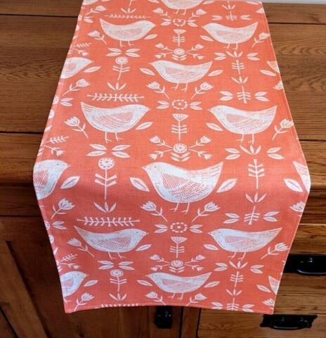 Table Runner Narvik Burnt Orange Bird Design , Easter Table Runner 48" 54" 60" 64" 72" 84" 96" 104" Handmade 100%Cotton - CushionCoverAndDecor