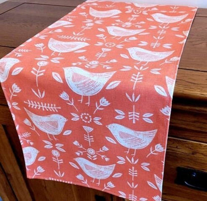 Table Runner Narvik Burnt Orange Bird Design , Easter Table Runner 48" 54" 60" 64" 72" 84" 96" 104" Handmade 100%Cotton - CushionCoverAndDecor