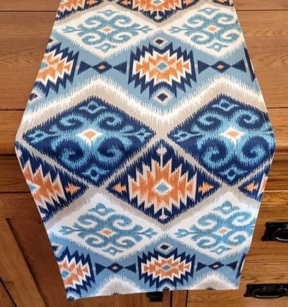 Table Runner Navajo Aztec Indigo Teal Blue Orange Design , Geometric Table Runner 48" 54" 60" 64" 72" 84" 96" 104" Handmade 100%Cotton - CushionCoverAndDecor