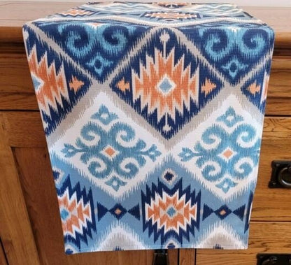 Table Runner Navajo Aztec Indigo Teal Blue Orange Design , Geometric Table Runner 48" 54" 60" 64" 72" 84" 96" 104" Handmade 100%Cotton - CushionCoverAndDecor