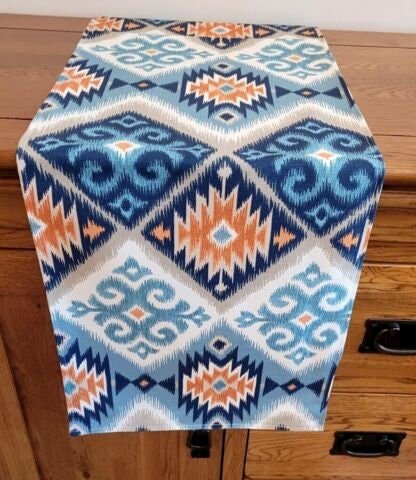 Table Runner Navajo Aztec Indigo Teal Blue Orange Design , Geometric Table Runner 48" 54" 60" 64" 72" 84" 96" 104" Handmade 100%Cotton - CushionCoverAndDecor