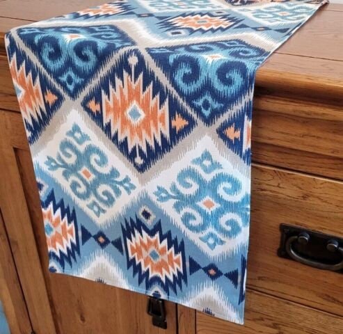 Table Runner Navajo Aztec Indigo Teal Blue Orange Design , Geometric Table Runner 48" 54" 60" 64" 72" 84" 96" 104" Handmade 100%Cotton - CushionCoverAndDecor