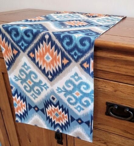 Table Runner Navajo Aztec Indigo Teal Blue Orange Design , Geometric Table Runner 48" 54" 60" 64" 72" 84" 96" 104" Handmade 100%Cotton - CushionCoverAndDecor