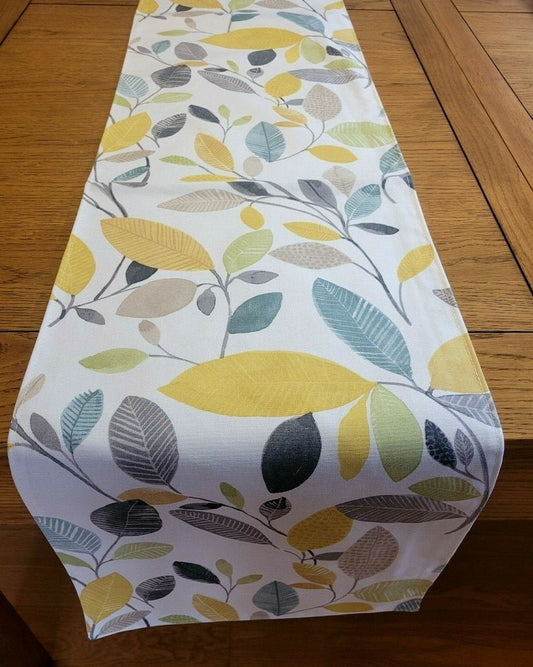 Table Runner Ochre Green Grey Leaf Molveno Design 36" 48" 54" 60" 64" 72" 84" 96" 104" Clarke & Clarke 100% Cotton Handmade - CushionCoverAndDecor