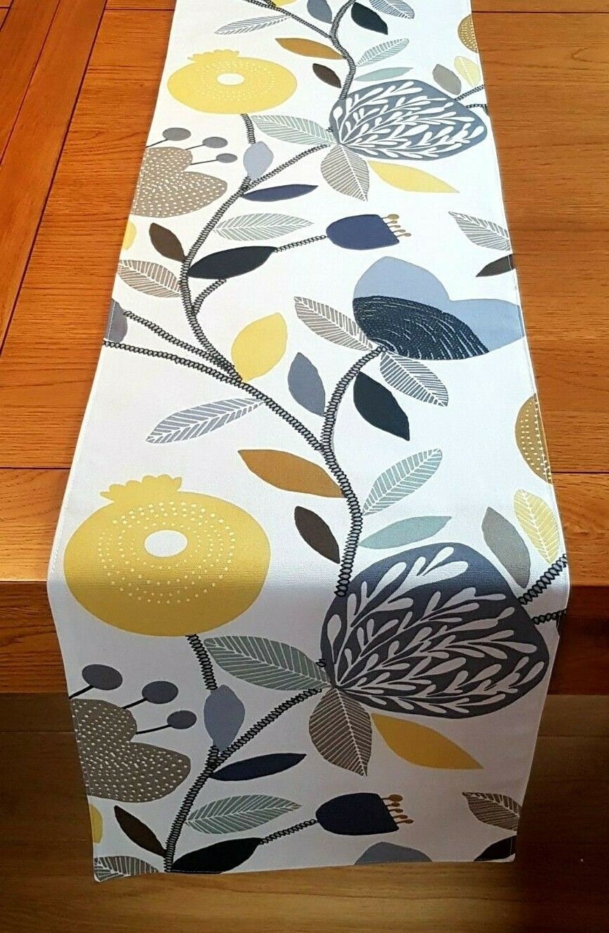 Table Runner Ochre Yellow Blue Grey Pomegranate Trail Design 36" 48" 54" 60" 64" 72" 84" 96" 104" ILiv Handmade 100%Cotton - CushionCoverAndDecor