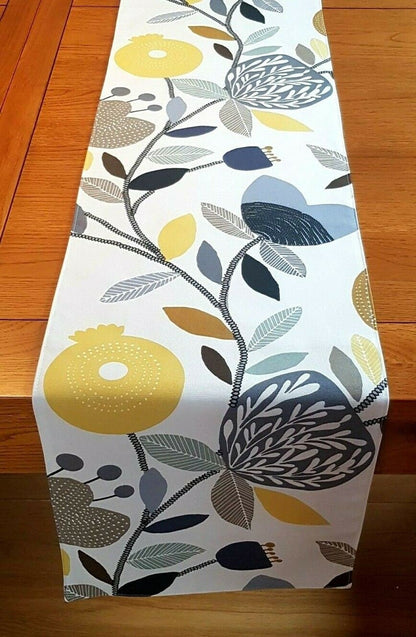 Table Runner Ochre Yellow Blue Grey Pomegranate Trail Design 36" 48" 54" 60" 64" 72" 84" 96" 104" ILiv Handmade 100%Cotton - CushionCoverAndDecor