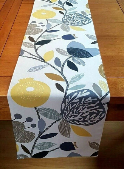 Table Runner Ochre Yellow Blue Grey Pomegranate Trail Design 36" 48" 54" 60" 64" 72" 84" 96" 104" ILiv Handmade 100%Cotton - CushionCoverAndDecor