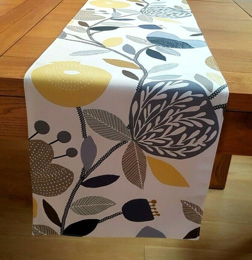 Table Runner Ochre Yellow Blue Grey Pomegranate Trail Design 36" 48" 54" 60" 64" 72" 84" 96" 104" ILiv Handmade 100%Cotton - CushionCoverAndDecor