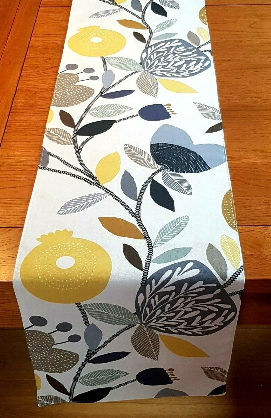 Table Runner Ochre Yellow Blue Grey Pomegranate Trail Design 36" 48" 54" 60" 64" 72" 84" 96" 104" ILiv Handmade 100%Cotton - CushionCoverAndDecor