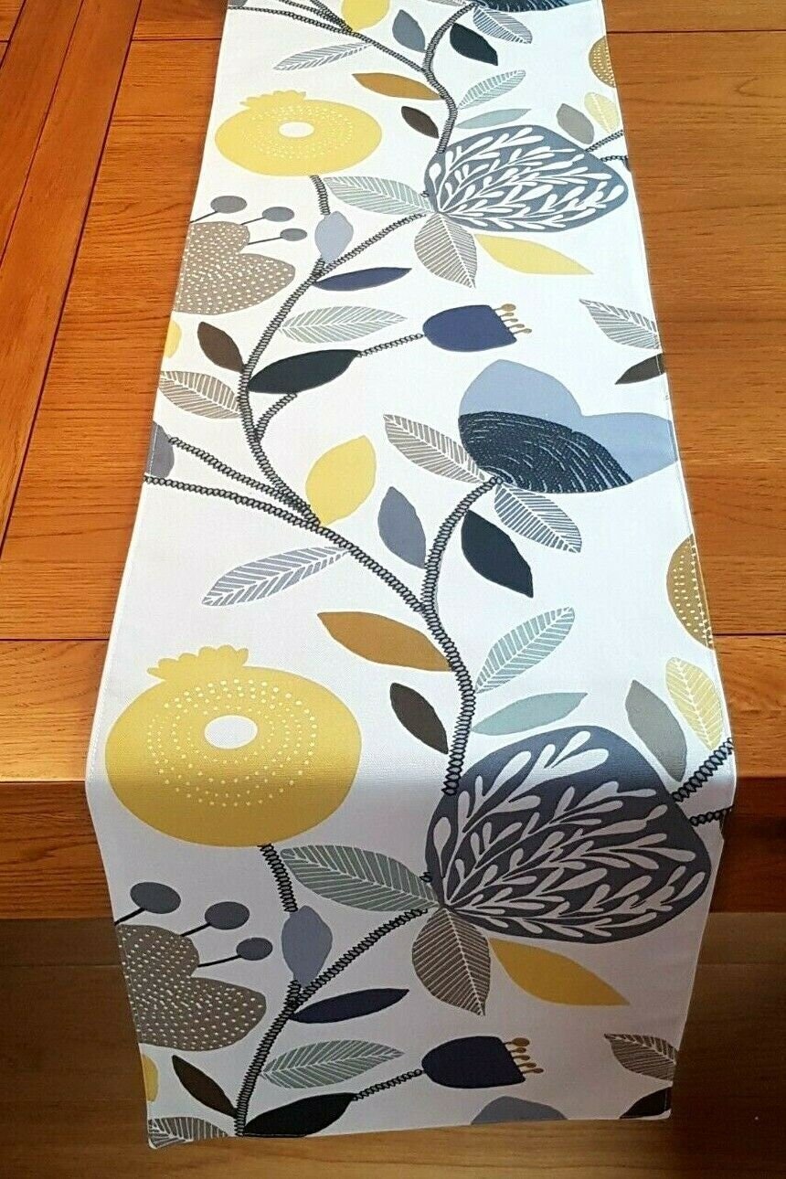 Table Runner Ochre Yellow Blue Grey Pomegranate Trail Design 36" 48" 54" 60" 64" 72" 84" 96" 104" ILiv Handmade 100%Cotton - CushionCoverAndDecor