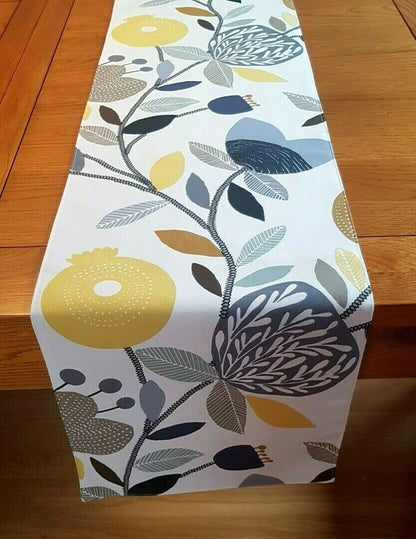 Table Runner Ochre Yellow Blue Grey Pomegranate Trail Design 36" 48" 54" 60" 64" 72" 84" 96" 104" ILiv Handmade 100%Cotton - CushionCoverAndDecor