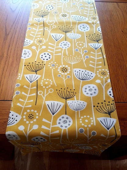 Table Runner Ochre Yellow Grey Floral Design 36" 48" 54" 60" 64" 72" 84" 96" 104" Fryetts Handmade - CushionCoverAndDecor