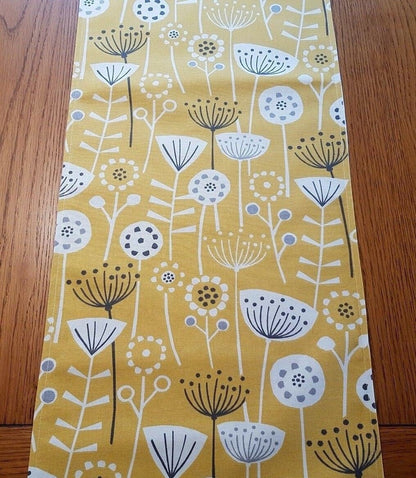 Table Runner Ochre Yellow Grey Floral Design 36" 48" 54" 60" 64" 72" 84" 96" 104" Fryetts Handmade - CushionCoverAndDecor