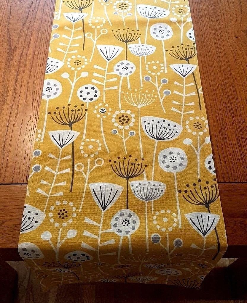 Table Runner Ochre Yellow Grey Floral Design 36" 48" 54" 60" 64" 72" 84" 96" 104" Fryetts Handmade - CushionCoverAndDecor