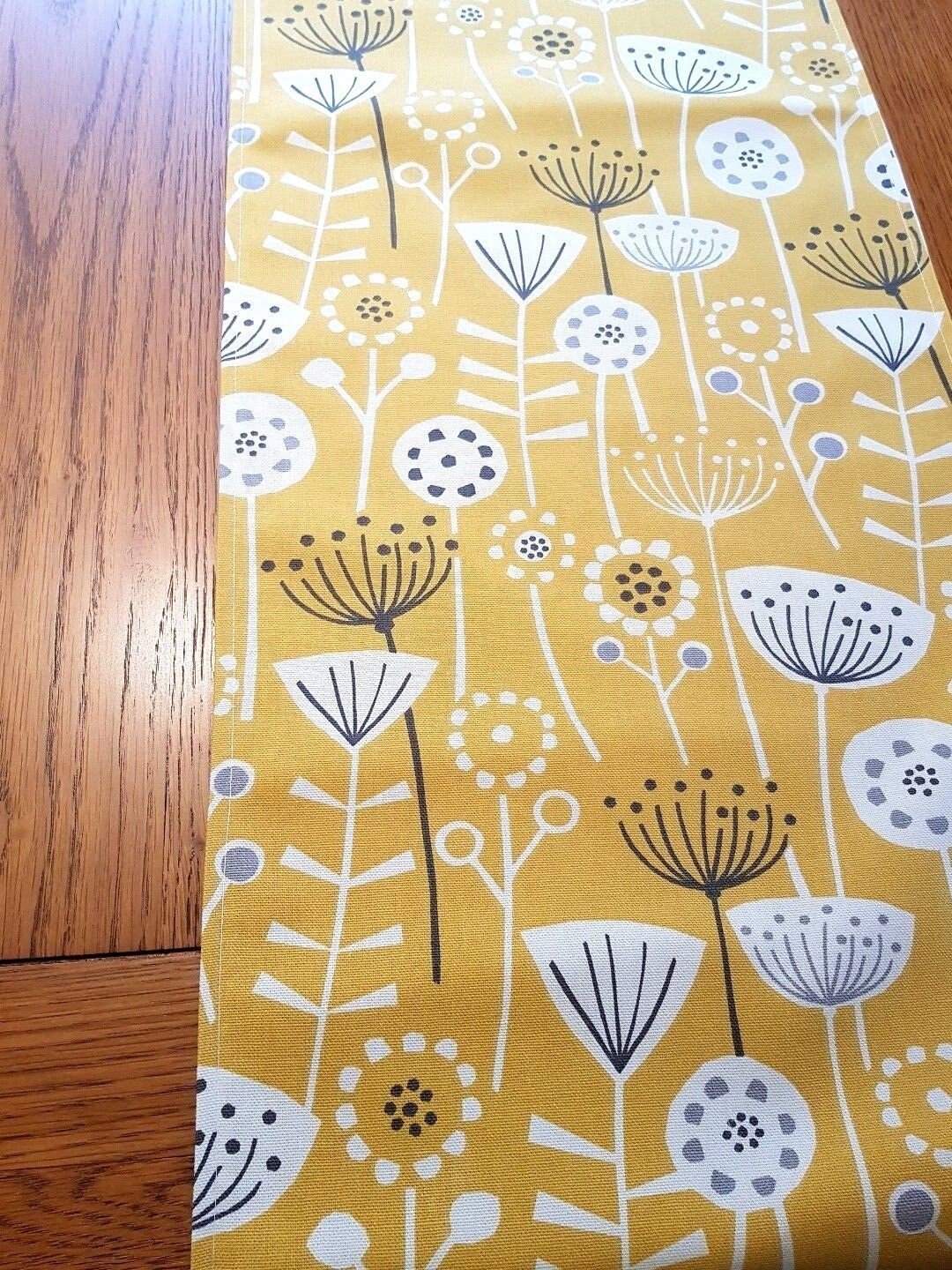 Table Runner Ochre Yellow Grey Floral Design 36" 48" 54" 60" 64" 72" 84" 96" 104" Fryetts Handmade - CushionCoverAndDecor