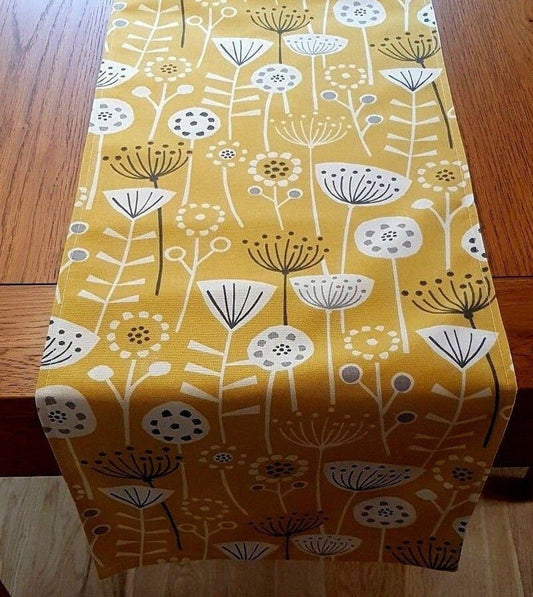 Table Runner Ochre Yellow Grey Floral Design 36" 48" 54" 60" 64" 72" 84" 96" 104" Fryetts Handmade - CushionCoverAndDecor